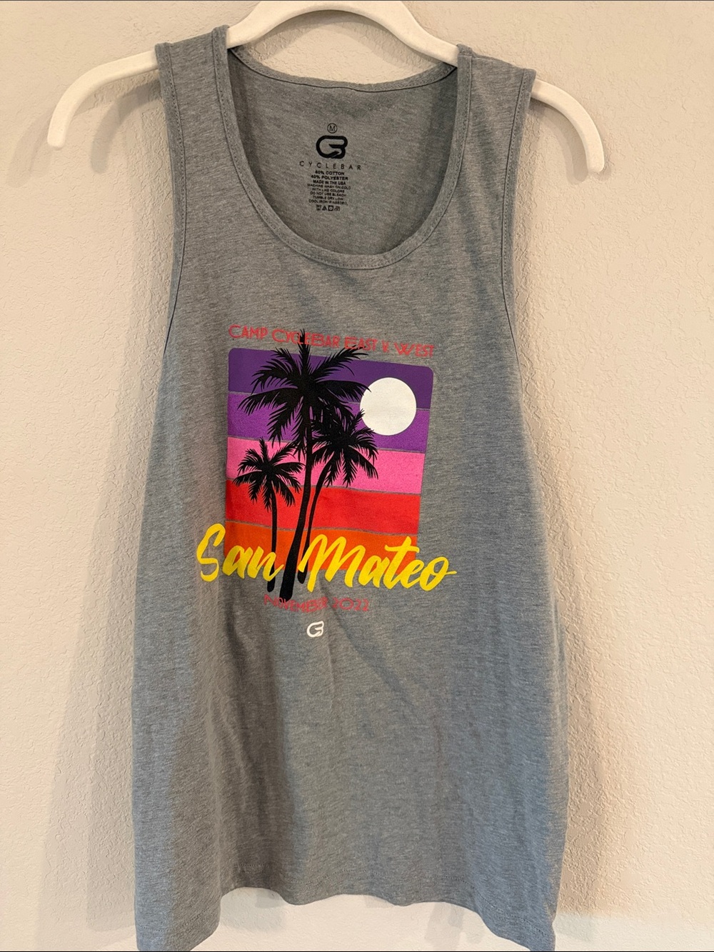 Cyclebar Gray Tank Top with Sunset Palm Graphic